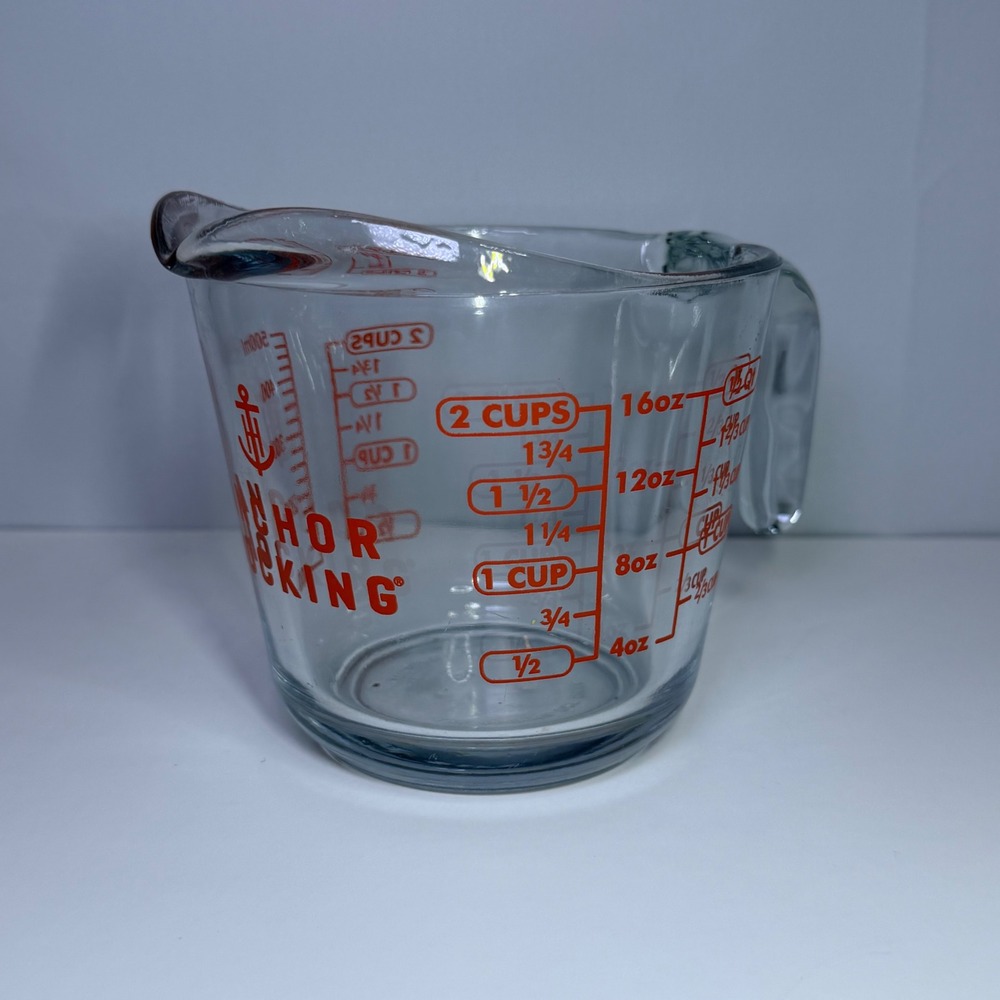 Anchor Hocking 2 Cup Glass Measuring Cup Red Graphics 16oz 500ml Made in USA